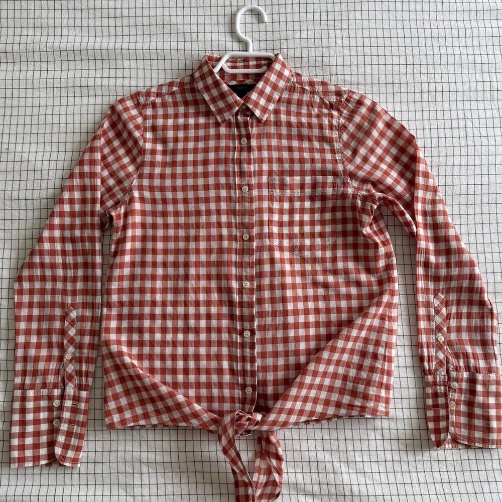 J. Crew Rust and White Gingham Tie Front Button Down Shirt